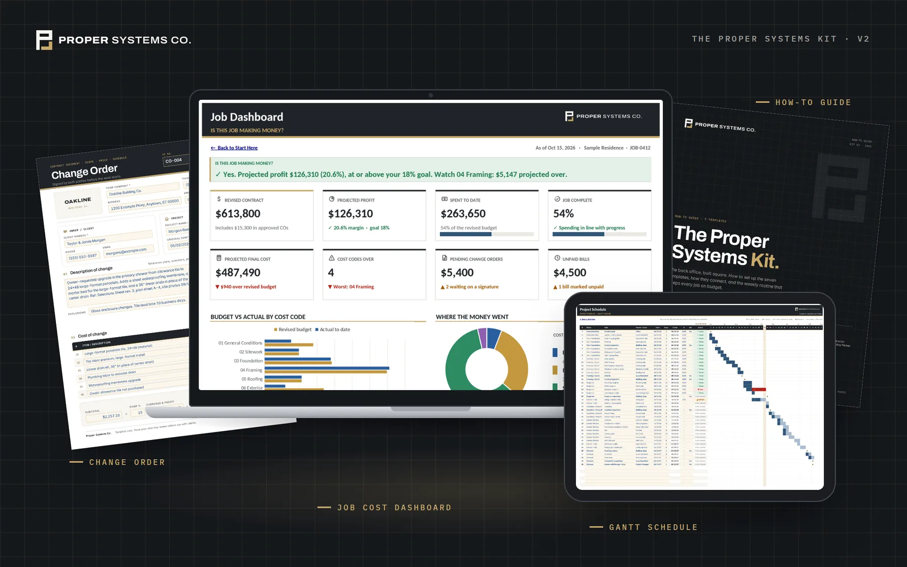 The kit on a laptop, tablet and printed pages: the Job Cost dashboard, the Gantt schedule, a change order and the how-to guide